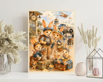 Vintage bunny familie reizen kinderkamer print, aquarel luchthaven avontuur kunst aan de muur, schattig konijn familie vakantie poster, zomer reiscadeau