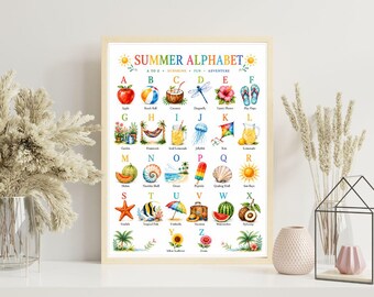 Zomer alfabet kinderkamer print, aquarel zomer ABC poster, Montessori leren muurkunst, afdrukbare strand kinderkamer