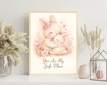 Aquarel konijn print, You Are My Safe Place kinderkamerdecoratie (digitale download)