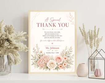 Cadeau attent leraar, een speciale bedankposter, gepersonaliseerde print waardering leraar, cadeau voor de klas, bloemen kunst aan de muur