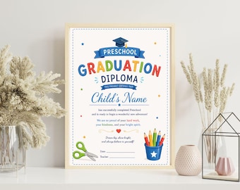 Sjabloon voor diploma afstuderen voorschoolse, gepersonaliseerd kindercertificaat, afdrukbare afstudeerposter, thema voorschoolse benodigdheden, instant download