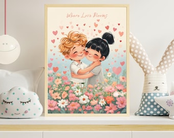 Illustratie verliefd koppel, kinderkamerdecoratie, kinderkamerkunst aan de muur (digitale download)