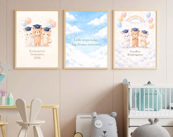 Kleuterschool afstuderen muurkunst set, vaarwel kleuterschool print, kinderkamer decor, afstudeerposter, klasse van 2026 cadeau