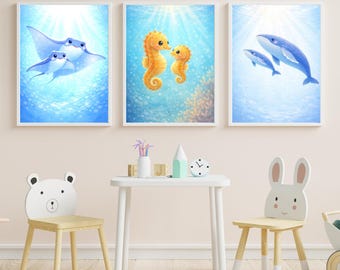 Drieluik oceaankwekerij, zeedierenprints, mantarog zeepaardje, babykamerdecor, schattige oceaandieren, kindermuurkunst set van 3