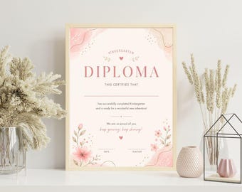 Sjabloon kleuterschooldiploma, gepersonaliseerd kindercertificaat, afdrukbare afstudeerposter, bloemenkwekerijdecor, instant download