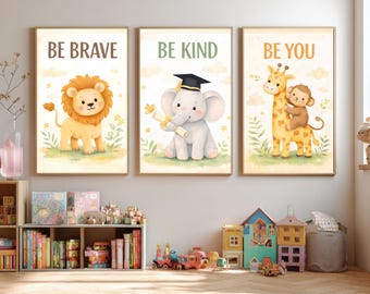 Safari kinderkamerkunstset, Be Brave Kind You Animals (digitale prints)