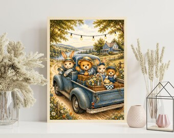 Cadeau voor babyjongen, familie roadtrip kinderkamer print, aquarel konijntje beer muurkunst, vintage Americana decor, zomer kinderkamer poster