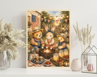 Zomer BBQ-kwekerij print, patriottische dieren kunst aan de muur, vintage Americana picknick poster, aquarel Bunny Bear Duck decor, boerderij kinderkamer kunst