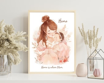 Moeder en baby aquarelprint, minimalistische kinderkamer kunst aan de muur (digitale download)