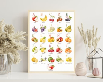 Fruit alfabet kwekerij print, aquarel fruit ABC poster, Montessori leren kunst aan de muur, gezond eten decor, kinderkamer afdrukbaar