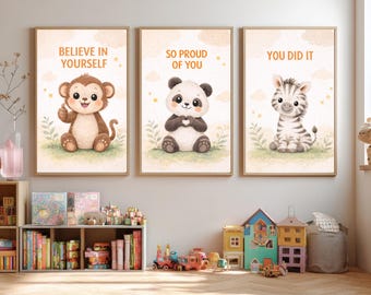 Motiverend kinderdagverblijfdrieluik, dierenprints, inspirerend kinderdecor (digitale download)
