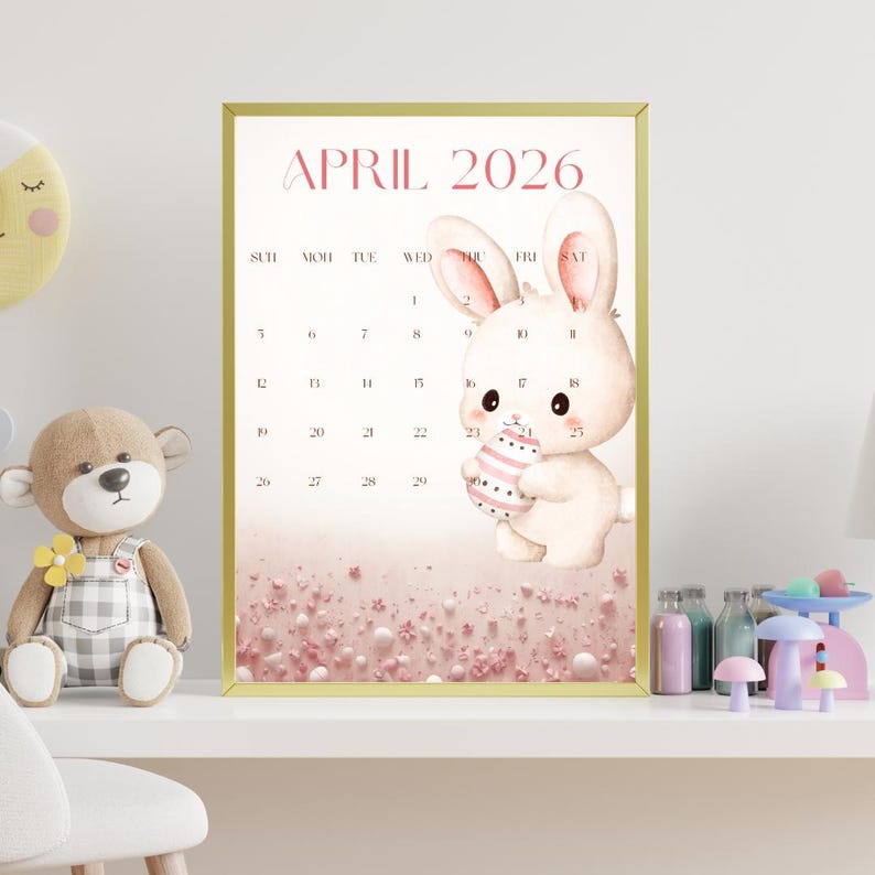 April 2026 Calendar Printable, Easter Bunny Wall Art, Nursery Decor ...