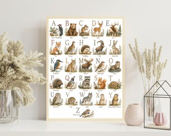 Bos dieren alfabet kinderkamer print, Woodland ABC Wall Art, aquarel dieren poster, Montessori leren decor, kinderkamer afdrukbare