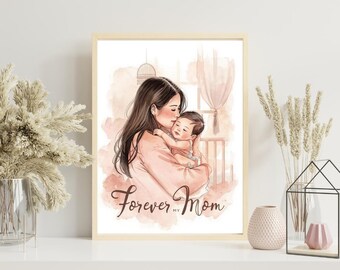 Moeder en baby aquarelprint, Forever My Mom kinderkamerkunst (digitale download)