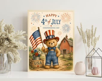 4 juli kwekerij print, patriottische teddybeer kunst aan de muur, Independence Day Kids poster, vintage Americana decor van de kwekerij, USA babykamer kunst