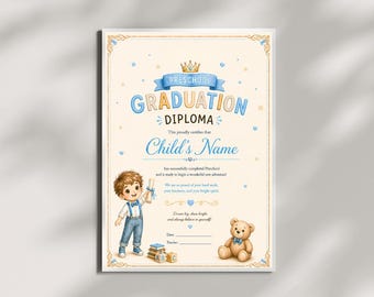 Afstudeerdiploma kleuterschool voor jongen, afdrukbare afstudeerposter, gepersonaliseerd naamdiploma, kunst aan de muur kinderkamer, direct downloaden