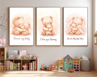 Drieluik teddybeerkwekerij, minimalistische aquarelprints, neutrale babykamerinrichting (digitale download)