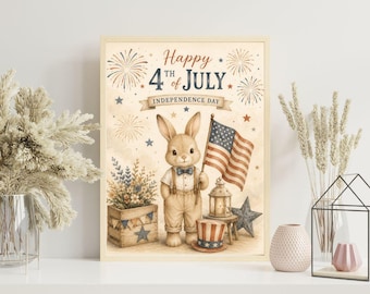 4 juli Bunny kinderkamer print, neutrale patriottische muurkunst, Independence Day Kids poster, vintage Americana Bunny decor, USA kinderkamer kunst