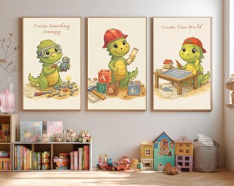 Drieluik dinosaurusbouwer, muurkunst bouw kinderkamer (digitale download)