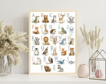 Bos dieren alfabet kinderkamer print, Woodland ABC Wall Art, aquarel bos dieren poster, Montessori leren decor, afdrukbare kinderkamer