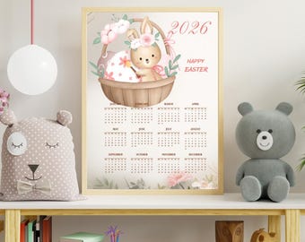 Paashaaskalender 2026 afdrukbaar, kunst aan de muur kinderkamer, kinderdecoratie (direct downloaden)
