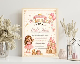 Sjabloon voor diploma diploma kleuterschool voor meisjes, gepersonaliseerd kindercertificaat, decor kinderkamer, afstudeercadeau voor kinderen, instant download