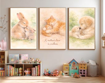 Dierendrieluik Mother's Love, aquarel kinderkamerafdrukken (digitale download)