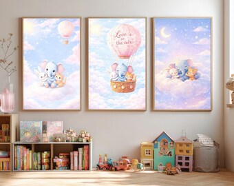 Kwekerij muurkunstset – dieren, wolken en ballonafdrukken (digitale download beschikbaar)