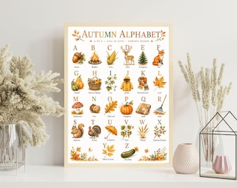Herfstalfabet muurdecoratie, aquarel herfst ABC poster, leerzame print voor de babykamer, decoratie met bosdieren, printbaar voor thuisonderwijs