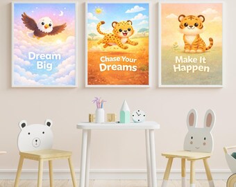 Motiverende prints safaridieren, kinderkamer muurkunst set (3 prints)
