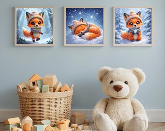 Gezellig wintervos kinderdagverblijf kunstdrieluik, bos tekenfilmdieren (set van 3)