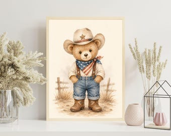 Cadeau voor babyjongen, patriottische teddybeer cowboy kwekerij print, vintage americana muurkunst, aquarel western beer poster, VS kinderkamer decor