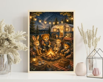 Cadeau voor kinderen, camping familie kinderkamer print, gezellige kampvuur kunst aan de muur, aquarel familie poster konijntje beer, vintage camper decor