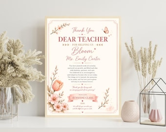 Cadeau leraar kleuterschool, cadeau kleuterjuf, oprechte dank je wel leraar poster, gepersonaliseerde waarderingsprint, bloemen klasdecor