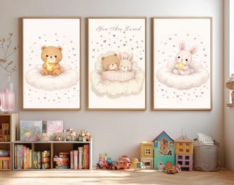 Muurkunstset kinderkamer – pastelkleurige dierenprints, babykamerdecoratie