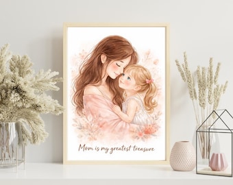 Moeder-dochter aquarelprint, moederschap kunst aan de muur, zachte neutrale kinderkamerinrichting (digitale download)