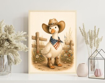 Cadeau voor babyjongen, cowboygans kwekerij print, vintage western gans kunst aan de muur, aquarel Americana boerderij decor, schattige landelijke babyposter