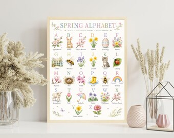 Lente alfabetposter, lente ABC-print, aquarel muurdecoratie voor de kinderkamer, seizoensgebonden alfabet printbaar, leerzame decoratie voor kleuters, kunst voor de kinderkamer