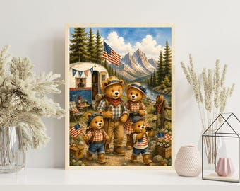 Cadeau voor kinderen, familie camping avontuur print, aquarel familie beer familie muurkunst, vintage camper decor, americana kinderkamer poster
