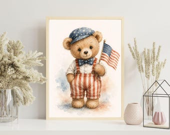 Patriottische teddybeer kwekerij print, vintage Americana Wall Art, 4 juli Kids poster, aquarel teddybeer decor, USA kinderkamer kunst