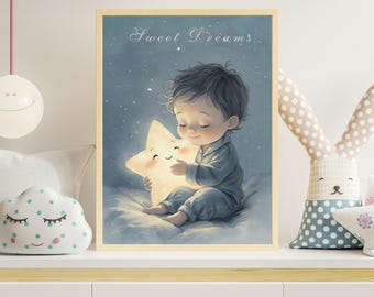 Sweet Dreams-kinderkunst, kind knuffelt ster, zachte pastelprint (digitale download)