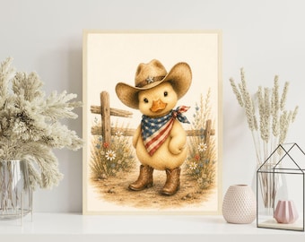Cadeau voor babyjongen, print cowboy eend, vintage western eend kunst aan de muur, aquarel Americana kinderkamer decor, schattige boerderij babyposter