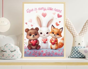 Dierenharten kinderkamerprint – pastel kinderkamerdecoratie (digitale download beschikbaar)