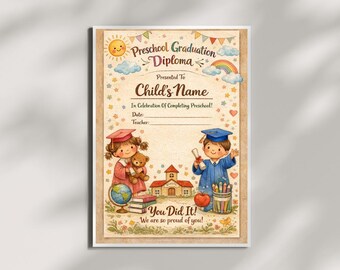 Gepersonaliseerde kleuterschool diploma, bewerkbaar kindercertificaat, afdrukbaar kleuterschooldiploma, aangepaste naam, Instant Download