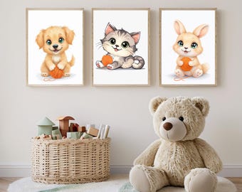 Hase Welpe Kätzchen Kinderzimmer Art Set, Waldtiere Triptychon (Digitaler Download)