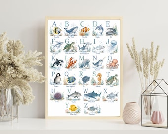 Oceaan dieren alfabet kinderkamer print, Sea Life ABC poster, aquarel mariene dieren kunst aan de muur, Montessori leren decor, kinderkamer afdrukbare