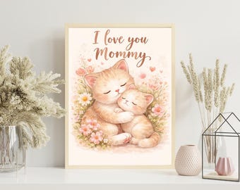 Moeder kat kitten aquarel print, liefdevolle kinderkamer dieren kunst (digitale download)