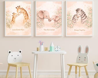 Safari kinderkamer drieluik, giraffe olifant zebra babydieren, aquarel bloemen decor (fysiek/digitaal)