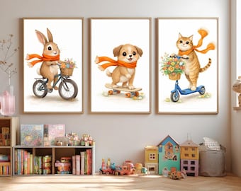 Drieluikposters kinderkamer: kunst konijn, puppy en kat (digitale download)