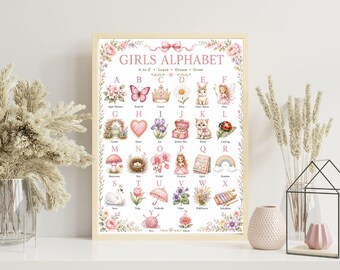 Alfabetposter voor meisjes, aquarel ABC-print, roze muurdecoratie voor de kinderkamer, printbaar alfabet met bloemenmotief, leerzame decoratie voor kleuters, kunst voor de kinderkamer